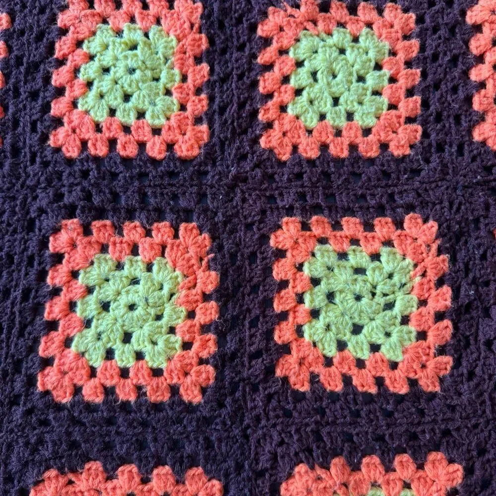 Authentic Vintage 1970s Granny Square Throw Blanket Earth Tone Retro Crochet